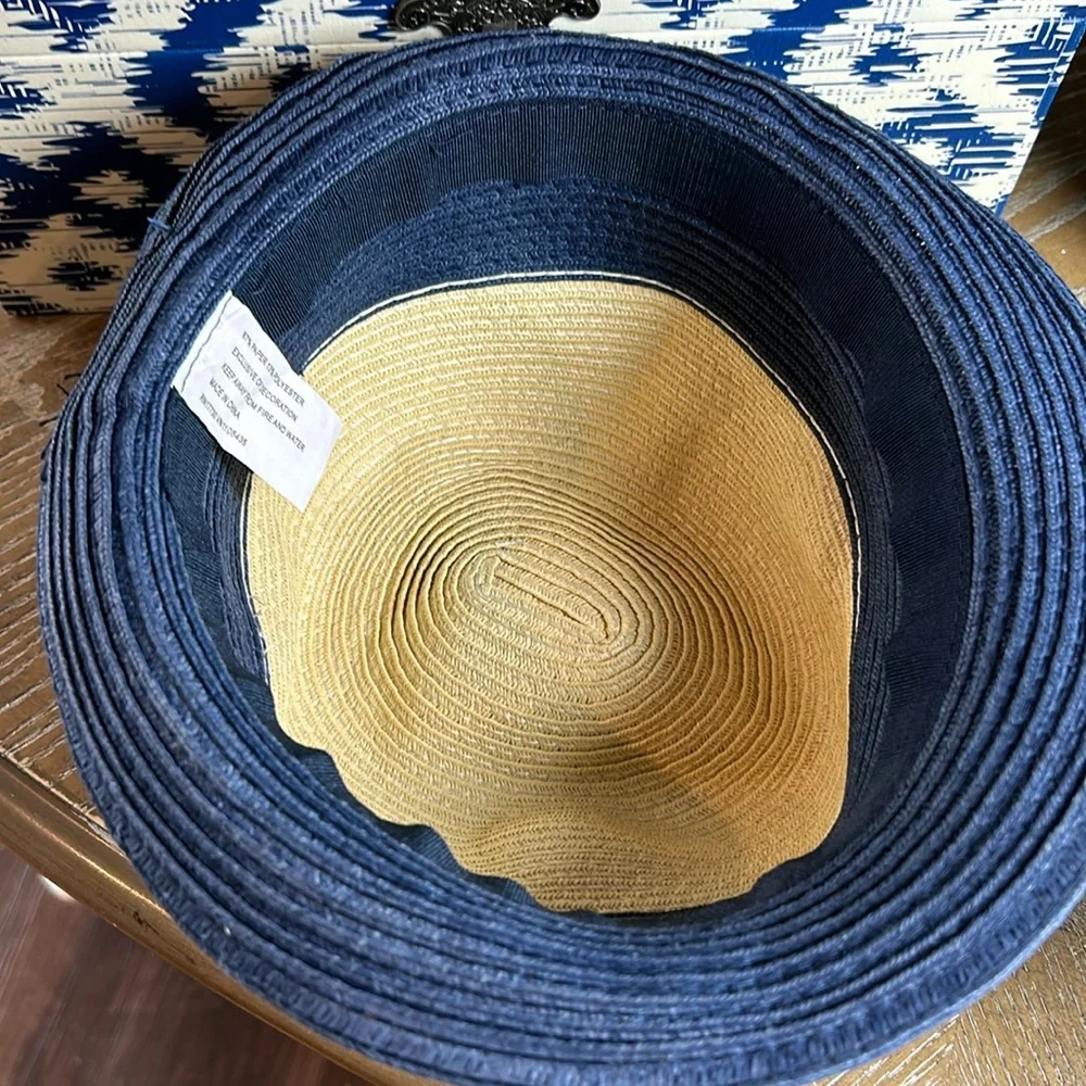 Little Boys Navy Blue & Tan Brown Straw Fedora Hat Whale Stripe